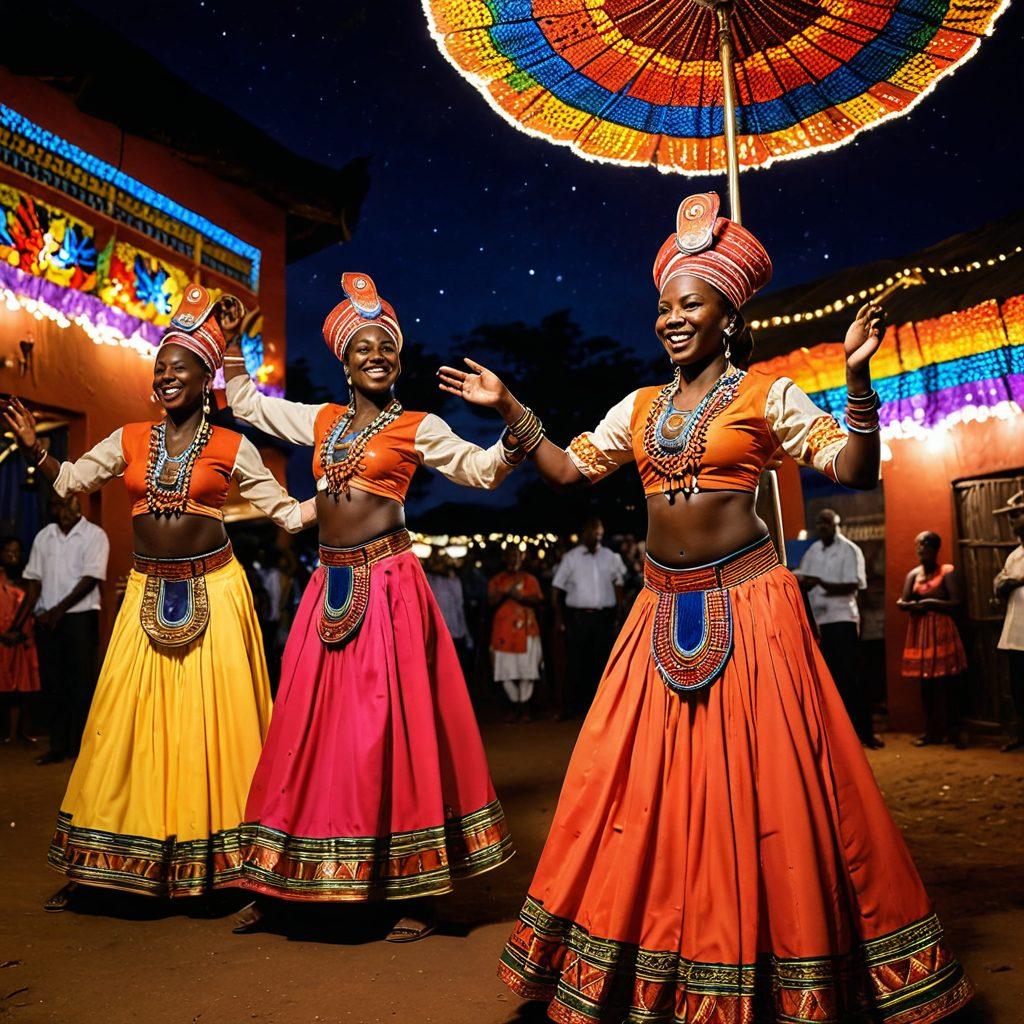 A vibrant night scene depicting a lively Kenyan adult entertainment venue, filled with colorful lights and diverse people enjoying themselves. Showcase traditional Kenyan motifs intermingled with modern elements, highlighting the cultural blend. Include performers in traditional attire engaging with the audience, creating a sense of connection and celebration. Capture an atmosphere of excitement and energy. super-realistic. vibrant colors. dynamic composition.