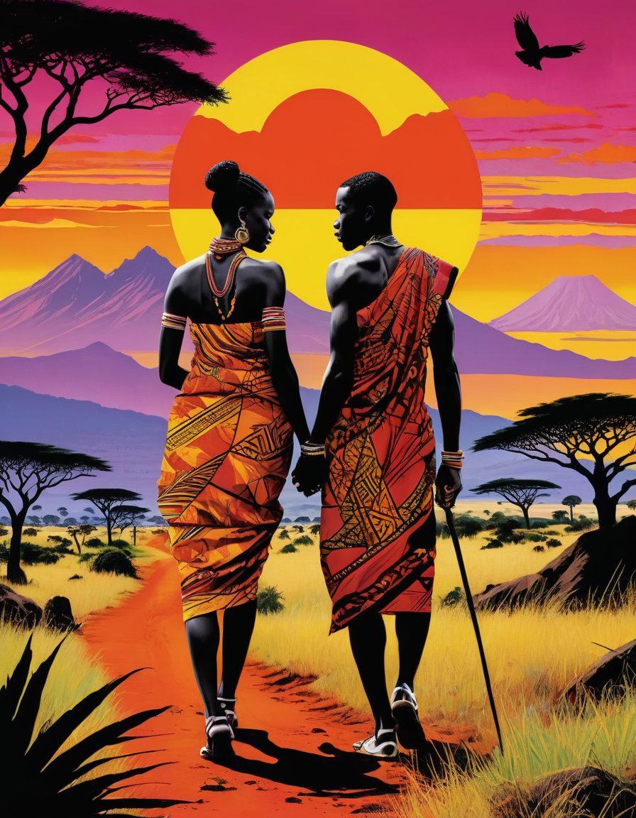 A vibrant collage showcasing traditional Kenyan motifs intertwined with modern adult media symbols, featuring pop art representations of iconic Kenyan landscapes like Mount Kenya and the Maasai Mara. Highlight sensual silhouettes and artistic depictions of diverse Kenyan couples celebrating intimacy, framed by colorful kanga patterns. The atmosphere conveys cultural richness and eroticism in a tasteful manner. vibrant colors. pop art. bold outlines.