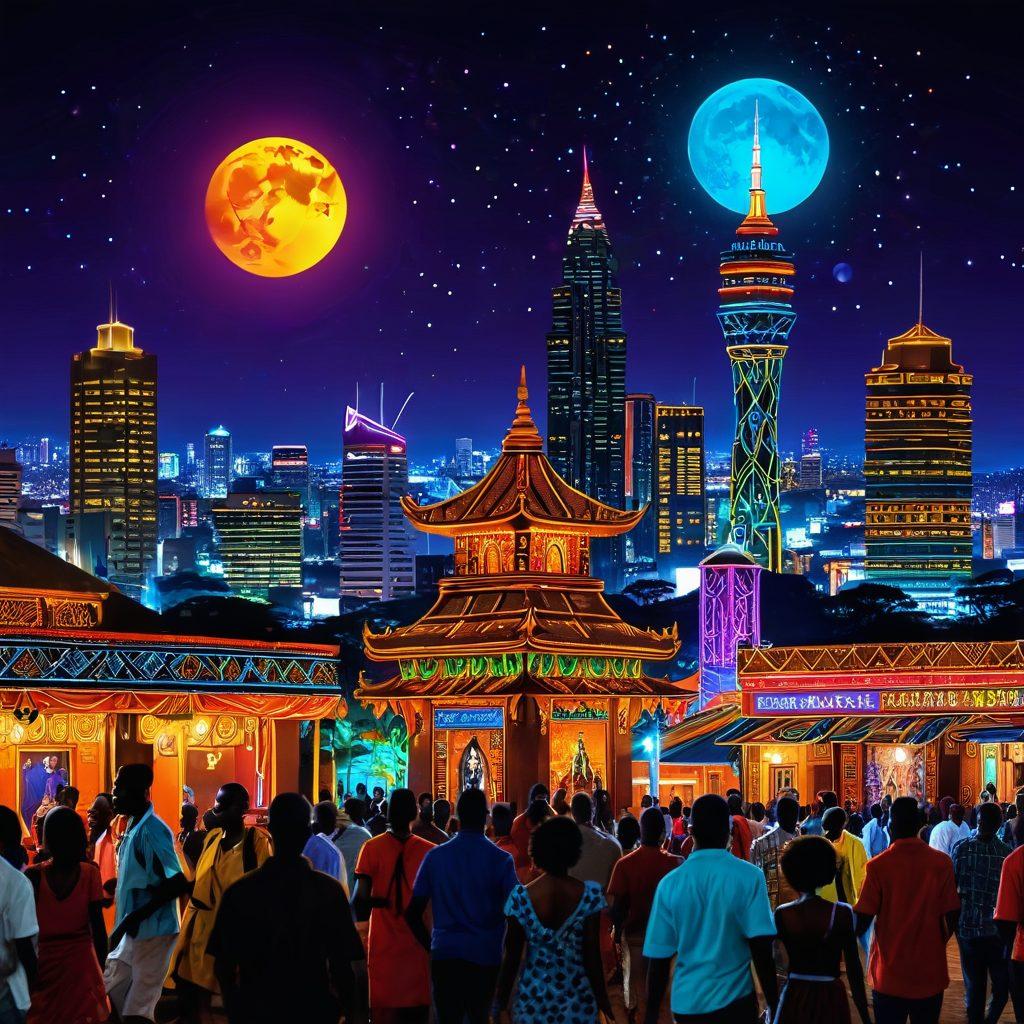 A vivid collage depicting Kenyan nightlife with colorful neon lights, showcasing various forms of adult entertainment, such as dancers, live performances, and intimate gatherings. In the foreground, a diverse group of individuals enjoying the atmosphere with smiles, surrounded by traditional Kenyan cultural elements like beadwork and patterns. The background features iconic Nairobi landmarks subtly illuminated, blending modernity with tradition. vibrant colors. super-realistic. night scene.
